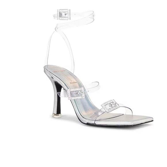 Black Suede Studio Women’s Liva Heel Strappy Sandal in Metallic Clear Size 7.5 - Picture 1 of 10